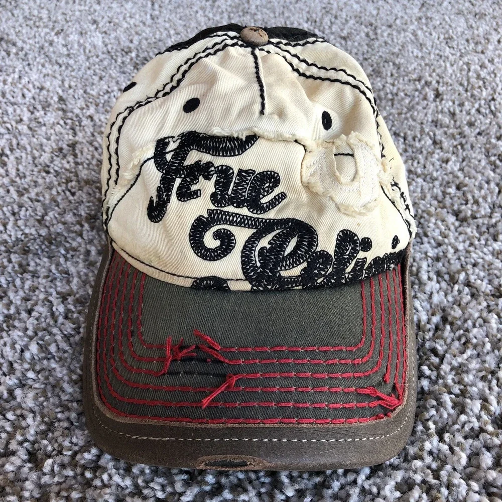 True Religion Embroidered Spellout Hat OSFA Distress Leather Trim Strap Back Cap